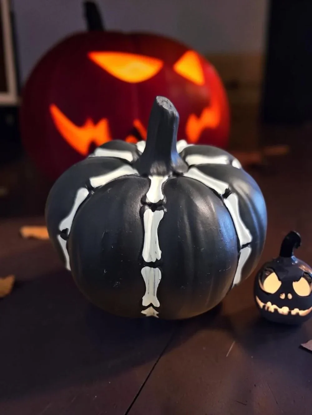 Spooky Pumpkin Décor – Black Skeleton‑Style Pumpkin – Halloween Tabletop
